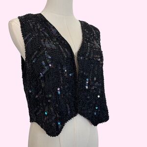 80s Vintage Silk Fully Beaded Black Vest Top Size Medium